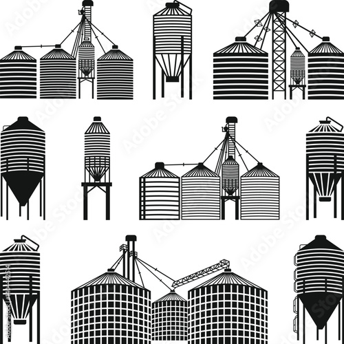 Grain Bin SVG, Grain Silos Industrial, Feed Bin Silhouette, Grain Elevator SVG, Grain Bin Silhouette Vector Illustration, Farming SVG File