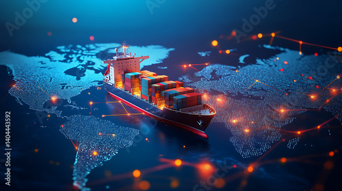 A cargo ship sailing on a digital world map. The ship is surrounded by a grid of dots and lines, symbolizing a network or connection. There are containers on board the ship.