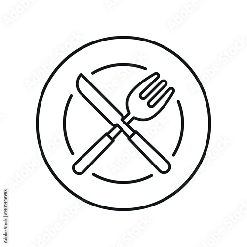Knife, fork, and plate icon illustrates classic table setup, ideal for dining, meals, and food service.