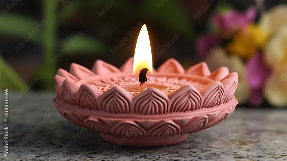 Decorative Pink Diya Lamp with Flame for Festival Celebration