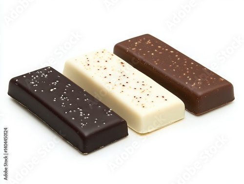 Assortment of tasty protein bar snacks, isolated on white surface.
