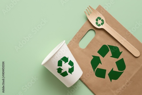 Eco-friendly packaging featuring a recyclable cup, paper bag, and wooden cutlery on a green background.