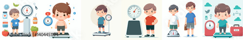 vector set kids weighs himself on a scale	