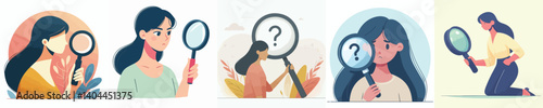 vector set woman looking something with magnifying glass