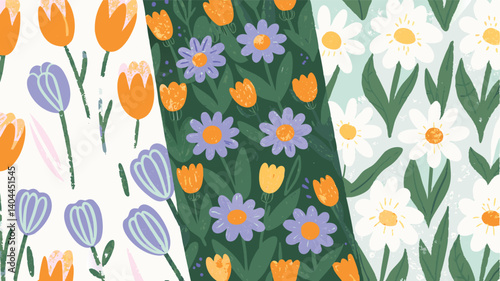 Floral Pattern Collection Vector | Tulips and Daisies in Vibrant Color Combinations