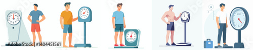 vector set man weighs himself on a scale	