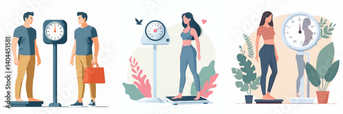 vector set man and woman weighs himself on a scale	