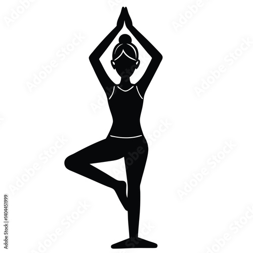 Yoga Tree Pose Silhouette: Woman in Vrksasana, Fitness, Meditation, Balance Exercise, Black and White Graphic Illustration