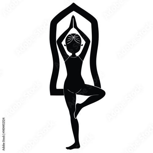 Black Silhouette Yoga Tree Pose Illustration: Woman Balancing in Vrksasana with Decorative Frame, Fitness, Wellness, Exercise Art