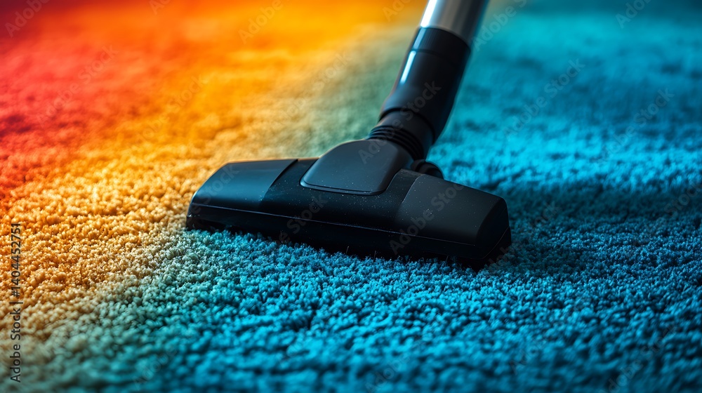Vacuum Cleaner on Colorful Carpet Home Cleaning Concept