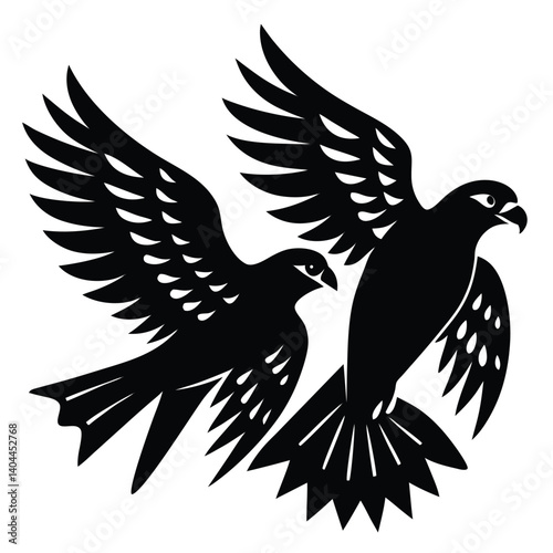 Black Silhouette of Two Hawks Flying, Bird of Prey Vector Illustration, Wildlife Art, Animal Graphic Design, Nature Icon
