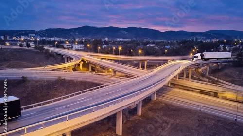  Semi-Truck Moving Along a Road at Dusk or Night. Truck on Night Highway Landscape View