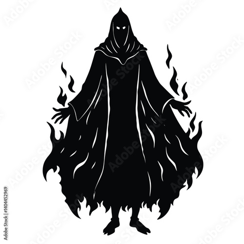 Dark Mage Silhouette Vector: Hooded Figure Cloaked in Flames, Fantasy Character Illustration for Gaming and Design Projects