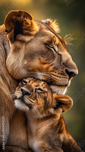Lioness Affection: Intimate portrait of a lioness tenderly embracing her cub. The moment is captured, portraying the deep bond of affection, protection, and the beauty of maternal love.