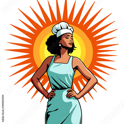 Radiant bread maker exuding confidence against sunburst background, empowerment