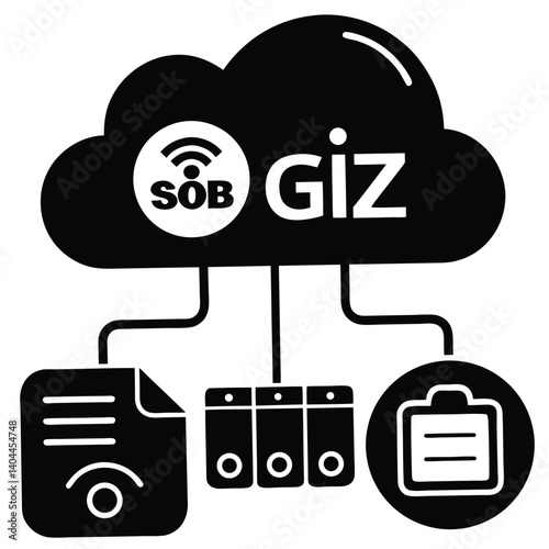 Black and White Cloud Computing Icon Featuring SOB GIZ, Data Storage, File Management, and Document Organization for Business Solutions