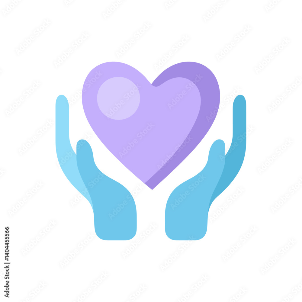 Lavender Heart Held in Light Blue Hands, Minimalist Icon. Lavender Heart Held in Light Blue Hands, Minimalist Icon.