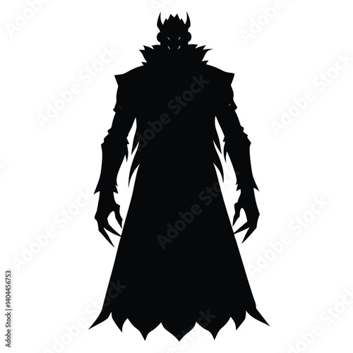 Silhouette of a Demonic Figure in a Long Coat with Sharp Claws and a Crown, Dark Fantasy Art Style
