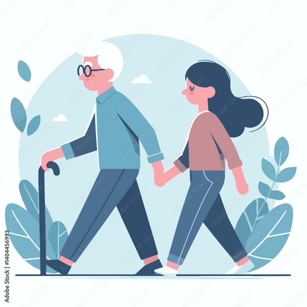 vector cute old man walking together flat design vector cute old man walking together flat design