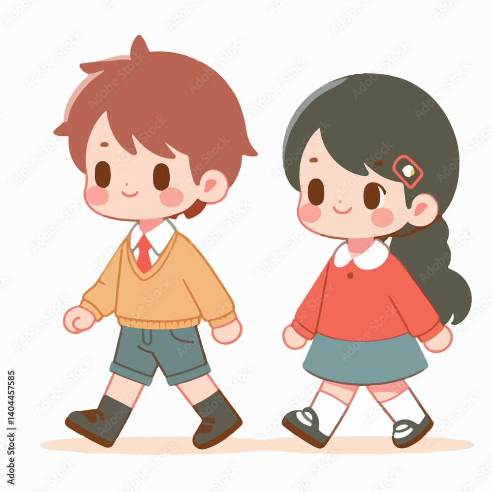 vector cute child couple walking flat design vector cute child couple walking flat design