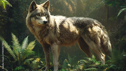Mature dire wolf standing among tall ferns dense woodland filtered light