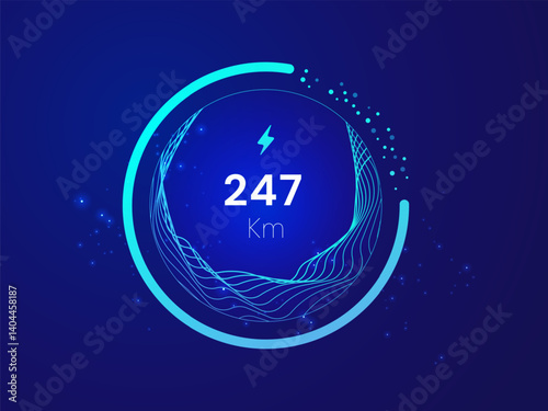 Electric Vehicle battery charging Status Dashboard Hologram Interface with distance charging kilometer in abstract circle Round analysis vector design concept for ui, ev car, clean energy, interface.