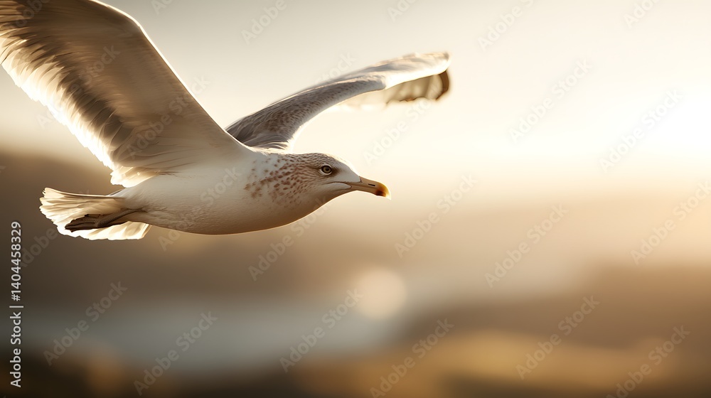 Obraz premium Majestic Bird Soaring in Sunset Sky Over Serene Landscape with Soft Focus Background