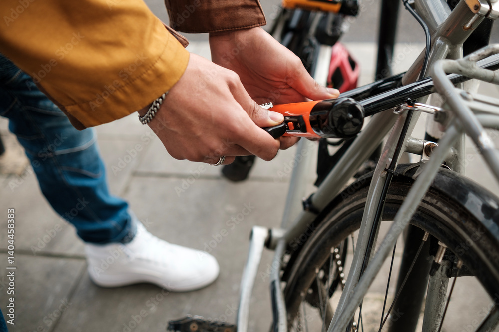 Cyclist securing bike with u-lock on city street Cyclist securing bike with u-lock on city street