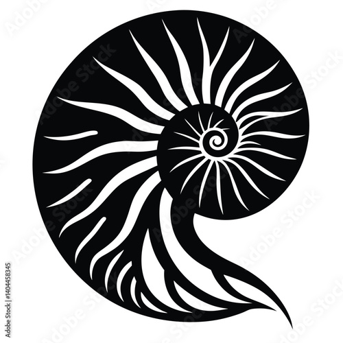 Black and White Nautilus Shell Silhouette Vector Art, Spiral Pattern Design, Ocean Life Illustration, Decorative Graphic