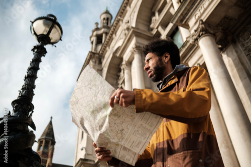 Canvas Print Tourist reading a map in front of a historic building in london