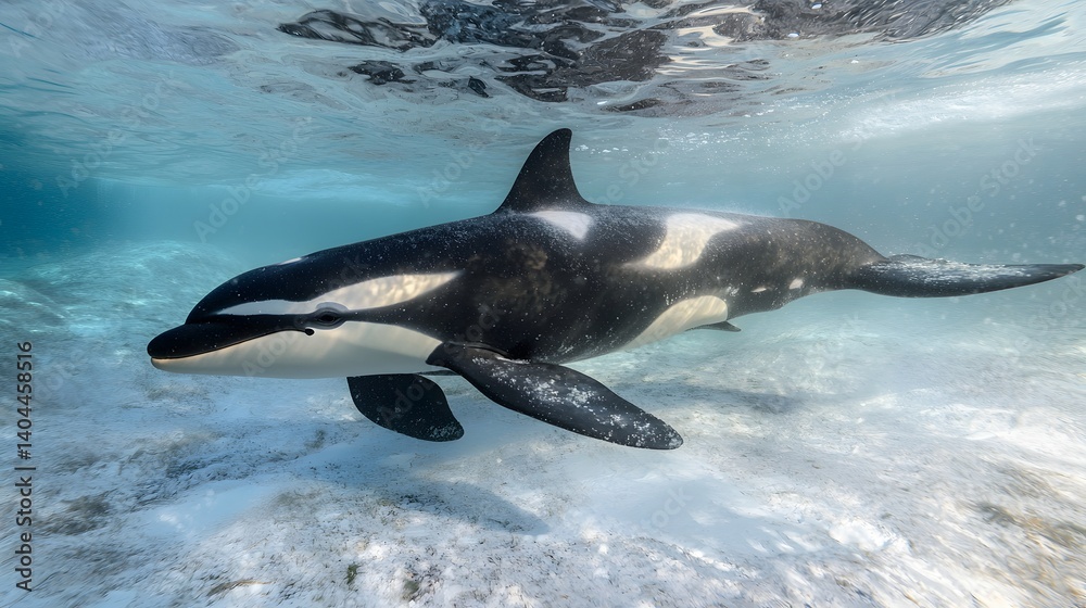 Fototapeta premium Majestic Orca Swimming Gracefully in Crystal Clear Waters Beneath Sunlit Surface