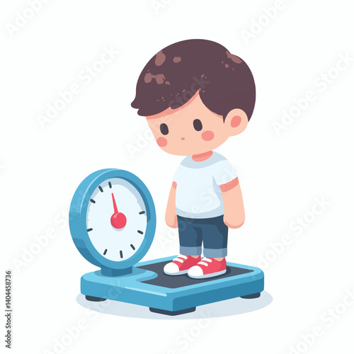 vector kids weighs himself on a scale