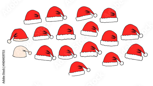 Set of red Christmas Santa Claus hats isolated on white background. Hand drawn simple Santa hats.