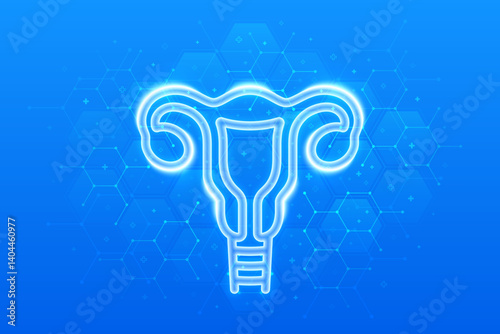 Female reproductive system icon. Female health care, gynecology. Uterus, ovaries. Anatomical structure of woman. Molecular structure. Blue medical background with hexagons. Vector illustration.