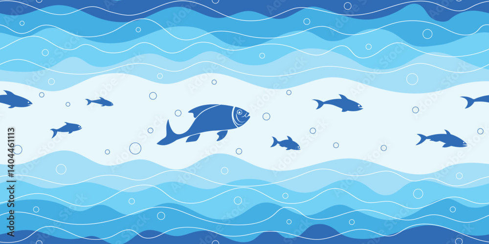 Shoal of fish, sea waves, seamless pattern, vector cartoon Shoal of fish, sea waves, seamless pattern, vector cartoon