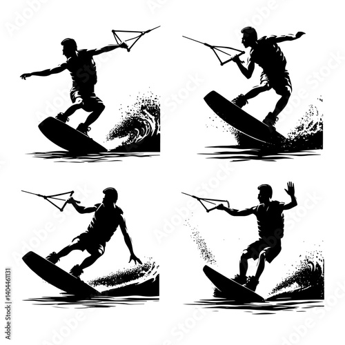 Person Wake Skating on Water in Different Poses, Black and White Vector Illustration, Summer Sport Activity