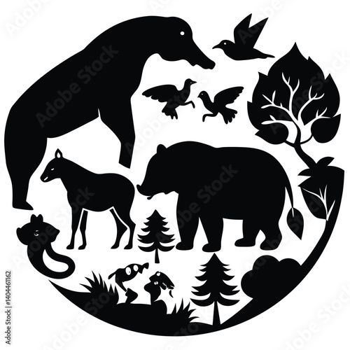 Black Silhouette Wildlife Circle: Bear, Deer, Birds, Trees, Forest, Nature, Animals, Vector Illustration, Design