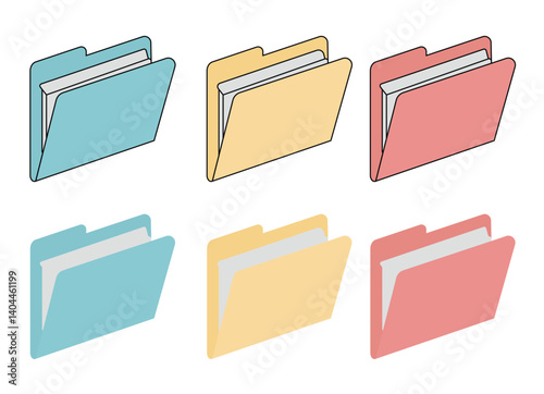 Collection of file folders in different colors. Isolated graphic elements. Versatile design for various tech, office applications. Ideal for creating user interface icons. Clean simple shapes,