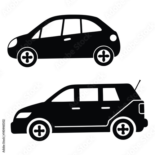 Black Car Silhouettes: Hatchback & SUV Side View Icons, Vector Illustration, Modern Vehicle Design, Transportation Graphics