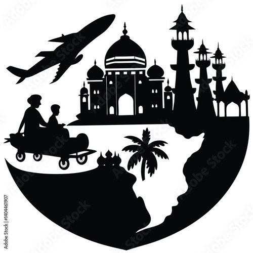 Travel the World Silhouette: Airplane, Taj Mahal, Globe, Family Vacation, Tourism, Adventure, Global Exploration, Black and White Art