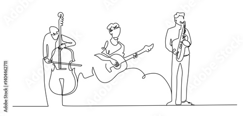 Continuous line drawing of musician playing double bass, playing saxophone, playing acoustic guitar, isolated vector illustration on white. Music concept