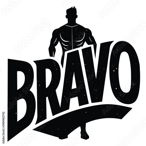 Bravo Fitness Logo: Muscular Man Silhouette, Bodybuilding Graphic, Gym & Workout Brand Design, Vector Illustration, Black and White