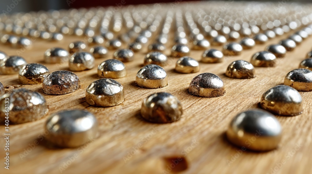 A multitude of shiny golden domes are meticulously arranged on a smooth wooden base, creating a stunning visual effect that captures the essence of modern artistry and design. A multitude of shiny golden domes are meticulously arranged on a smooth wooden base, creating a stunning visual effect that captures the essence of modern artistry and design.