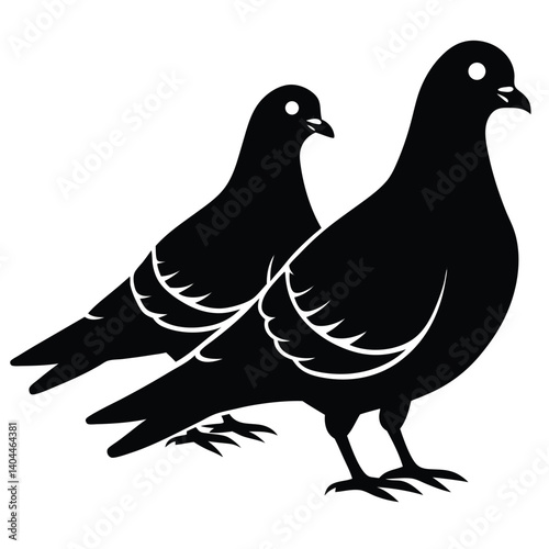 Black Silhouette of Two Pigeons, Vector Illustration, Bird Graphic, Simple Design, Outline, Standing Posed, White Background, Artwork