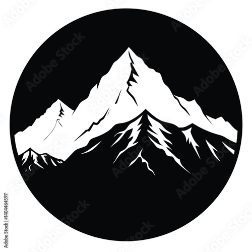 Black and White Mountain Range Logo in Circle: Minimalist Peaks Design for Adventure, Outdoors, Travel, and Branding