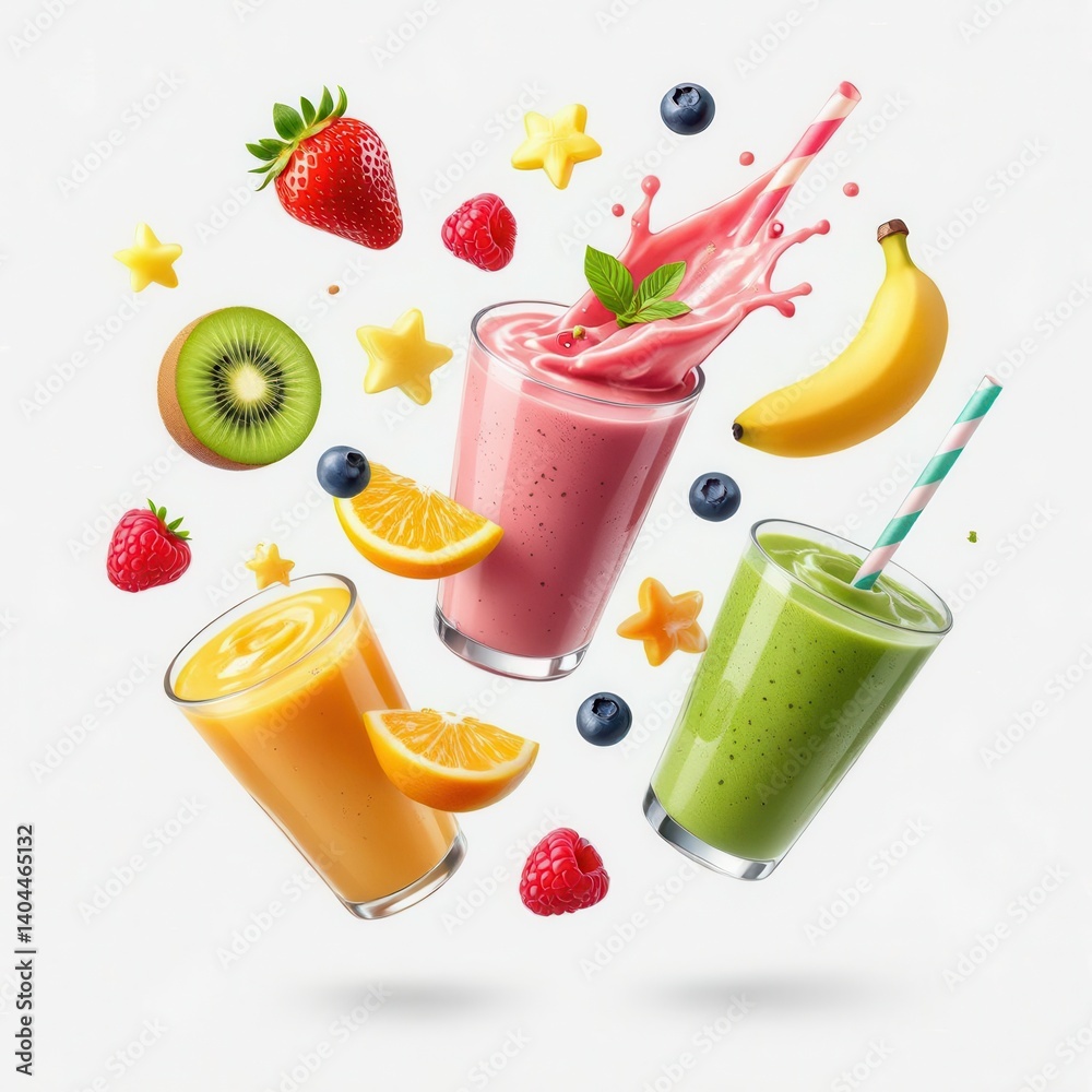 Plant-Based Diet. Colorful fruit smoothies with splashes and vibrant ingredients.