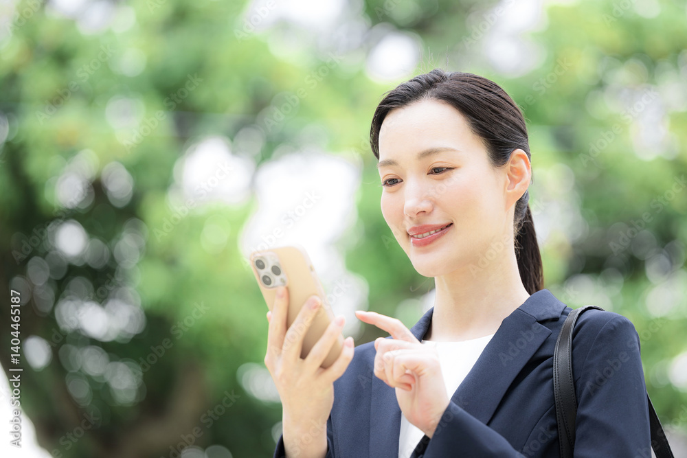 Businesswoman operating a smartphone outdoors in fresh green Tap to find Businesswoman operating a smartphone outdoors in fresh green Tap to find