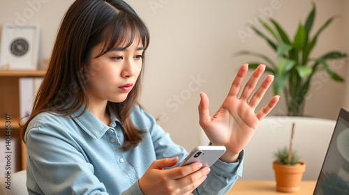 Asian woman annoy looking at smart phone for reading news and showing hand making stop sign at home office. WFH. Work from home. Prevention Coronavirus COVID-19 concept.