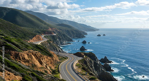 Beautiful scenic highway road trip along the california coast with ocean views and mountain landscape