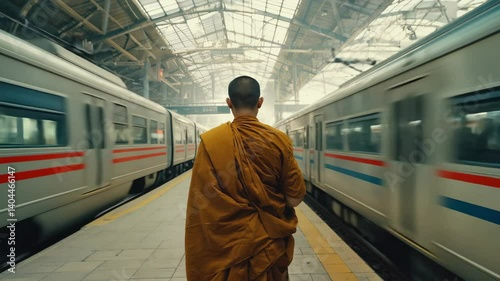Buddhist Monk Walking Calmly Through Busy Train Station Platform with Passing Trains and Commuters.